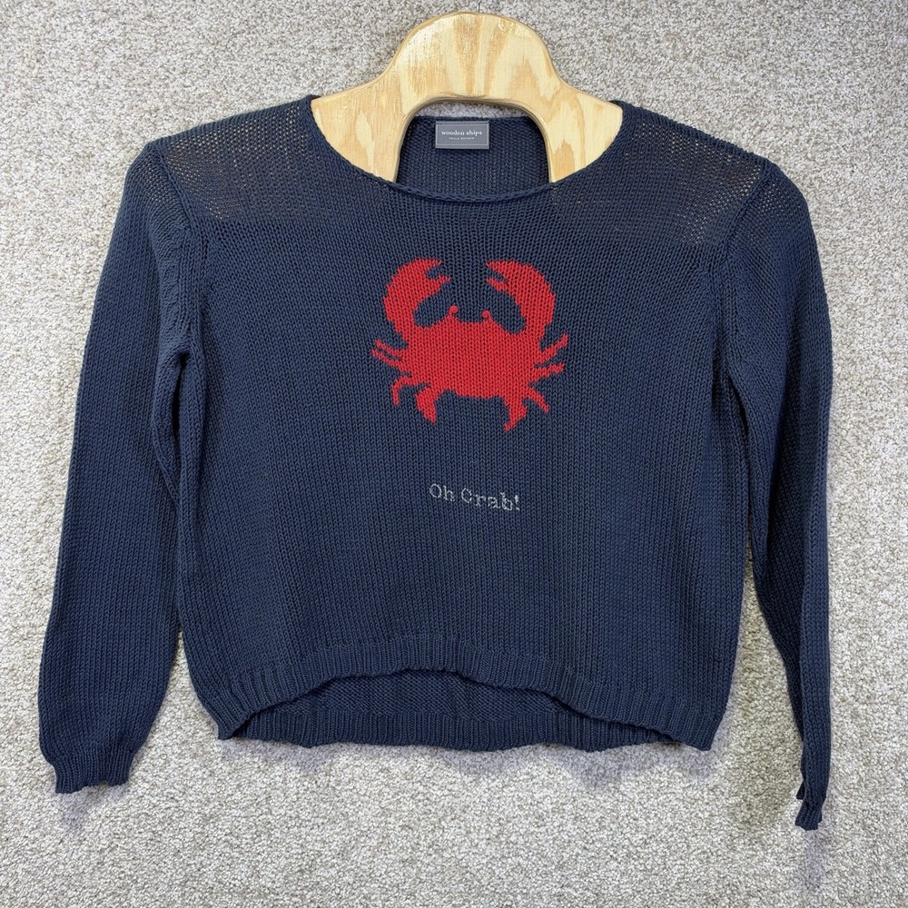 Wooden Ships Sweater Womens XL Blue Crab Oh Crab Graphic Knit Pullover Nautical